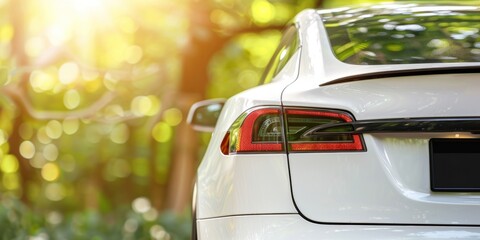 Rear light of a luxury car with lush greenery in the background.