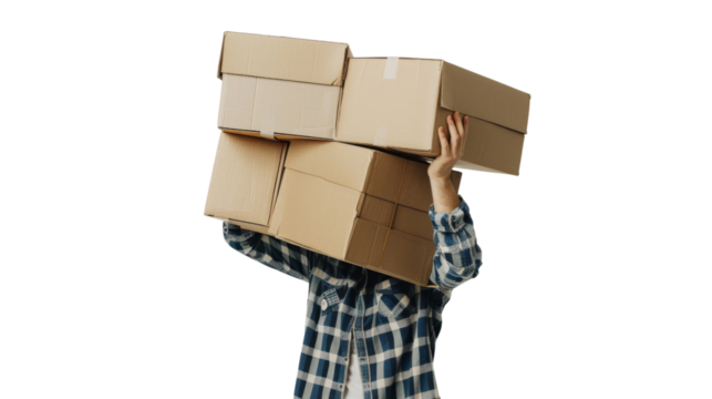 Person carrying a big stack of cardboard boxes