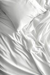Naklejka premium Close-up of a bed with white silk sheets and pillow, highlighting the folds and smooth texture of the fabric. Textile photography