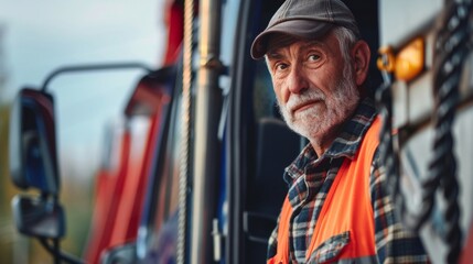 Portrait of caucasian mature man on semi-truck vehicles parking background. Truck or road driver worker