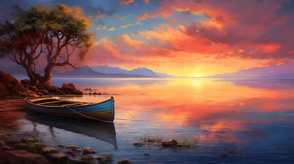 As the day draws to a close, the sky is illuminated in a breathtaking display of colors, casting a serene glow over the solitary boat anchored by the shore