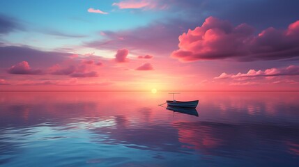 As the sun sets, the tranquil waters shimmer with reflections of the colorful sky, surrounding the solitary boat in a serene embrace along the coastline
