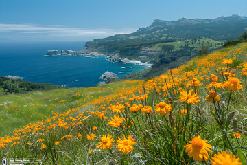 섬과 함께 바다와 해안이 보이는 노랑 꽃이 피어있는 들판