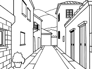 line art of way in village