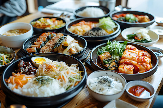 다양한 그릇에 한식들이 풍성하게 차려진 식탁.