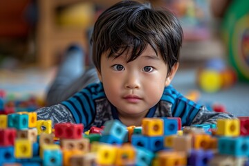 방에서 블록을 가지고 노는 어린 아이
