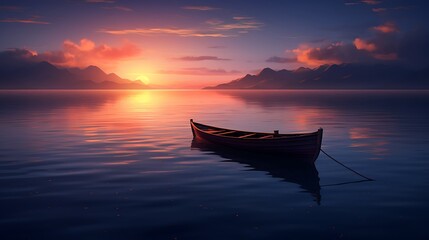 A sense of serenity fills the air as the sun dips below the horizon, casting its warm glow on the solitary boat anchored along the tranquil waters