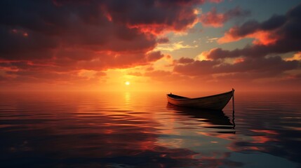 A sense of tranquility pervades the atmosphere as the sun sets over the horizon, casting a serene light on the solitary boat gently swaying by the shore
