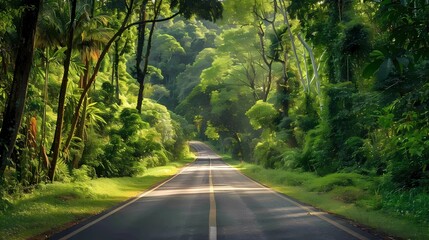 Road in the jungle with trees and green plants in the background, Generative AI illustrations.