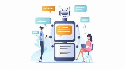 Online communication with chat bot concept Robot answer customer in chatbot service Dialog between AI assistant and user in messenger Flat graphic vector illustration isolated on white background