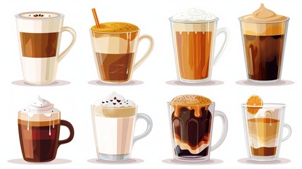 Hot and cold coffee beverage Different types of drinks set Espresso, americano cup, cappuccino and latte in paper mug, iced macchiato in glass Flat vector illustrations isolated on white background