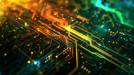 Obraz premium Abstract background with digital circuit board patterns and glowing lines, representing technology, cyber security or data transfer concept. 