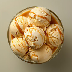 Caramel ice cream in a glass bowl, top view