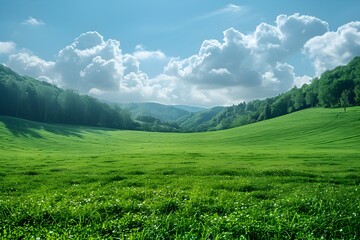 구름이 있는 맑은 날 넓은 녹색 들판의 시원하고 탁 트인 풍경