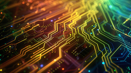 Abstract background with digital circuit board patterns and glowing lines, representing technology, cyber security or data transfer concept.
