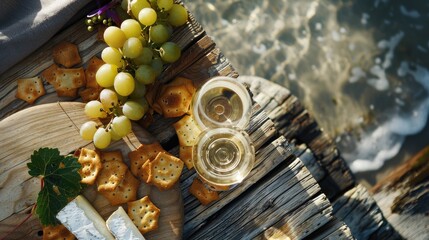 Fototapeta premium A wooden table displaying a delicious recipe with ingredients such as cheese, grapes, crackers, and a glass of wine. A natural foods dish showcasing the beauty of plantbased cuisine AIG50