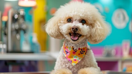 A poodle sporting a colorful bandana being treated to a deep conditioning treatment with lavender oil.