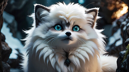 a fluffy alien creature that is a mix between a cat and an arctic fox, marbled light and dark fir,...