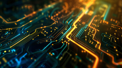 Abstract background with digital circuit board patterns and glowing lines, representing technology, cyber security or data transfer concept.
