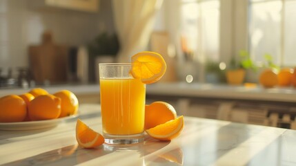 a glass of orange juice on the kitchen table