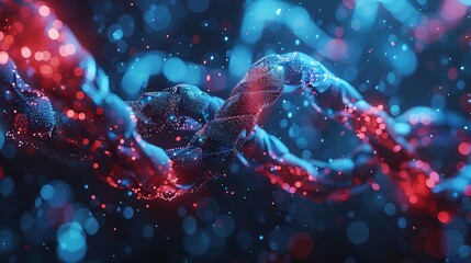 3D molecular structure rotating against a sleek backdrop, intertwining chains representing scientific progress and the complexities of medical research.