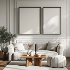 Fototapeta premium AI generated a Mockup poster frame on the wall of living room. Luxurious apartment background with contemporary design. Modern interior design. 3D render, 3D illustration 