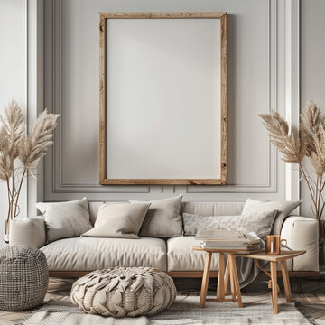 AI generated a Mockup poster frame on the wall of living room. Luxurious apartment background with contemporary design. Modern interior design. 3D render, 3D illustration 