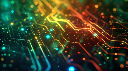 Obraz premium Abstract background with digital circuit board patterns and glowing lines, representing technology, cyber security or data transfer concept. 