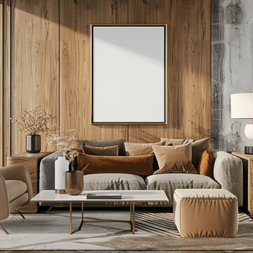 AI generated a Mockup poster frame on the wall of living room. Luxurious apartment background with contemporary design. Modern interior design. 3D render, 3D illustration 