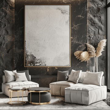 AI generated a Mockup poster frame on the wall of living room. Luxurious apartment background with contemporary design. Modern interior design. 3D render, 3D illustration 