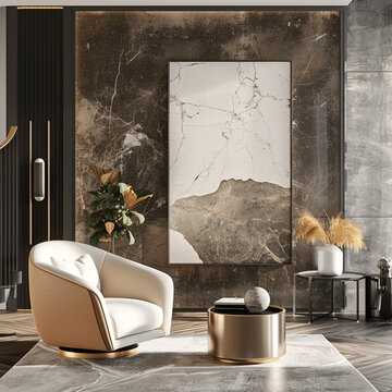 AI generated a Mockup poster frame on the wall of living room. Luxurious apartment background with contemporary design. Modern interior design. 3D render, 3D illustration 