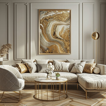 AI generated a Mockup poster frame on the wall of living room. Luxurious apartment background with contemporary design. Modern interior design. 3D render, 3D illustration 