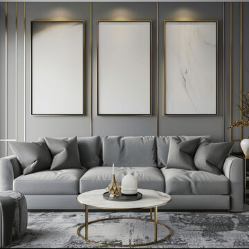 AI generated a Mockup poster frame on the wall of living room. Luxurious apartment background with contemporary design. Modern interior design. 3D render, 3D illustration 