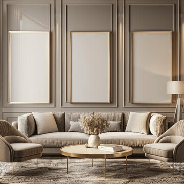 AI generated a Mockup poster frame on the wall of living room. Luxurious apartment background with contemporary design. Modern interior design. 3D render, 3D illustration 