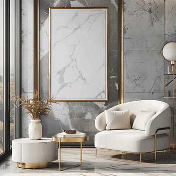 AI generated a Mockup poster frame on the wall of living room. Luxurious apartment background with contemporary design. Modern interior design. 3D render, 3D illustration 