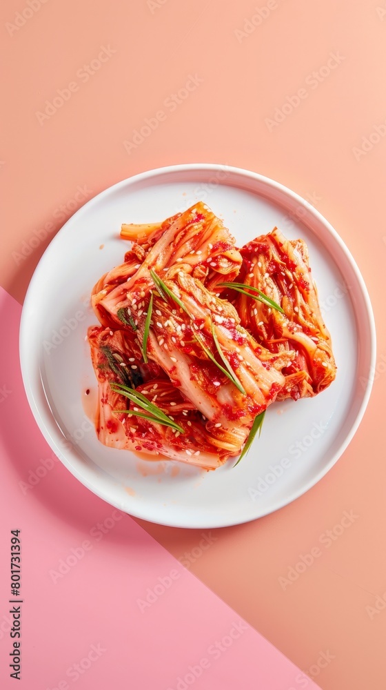 Wall mural kimchi traditional korean spicy fermented food on white plat story background - Wall murals