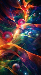 Abstract Digital Artwork of Interweaving Neon Ribbons and Bright Orbs, Cosmic Event Visualization