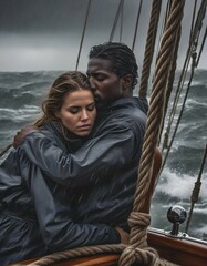 Couple caught on a boat during a storm