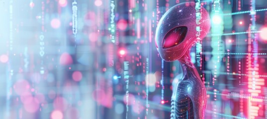 Alien on virtual space background. Generative AI technology.