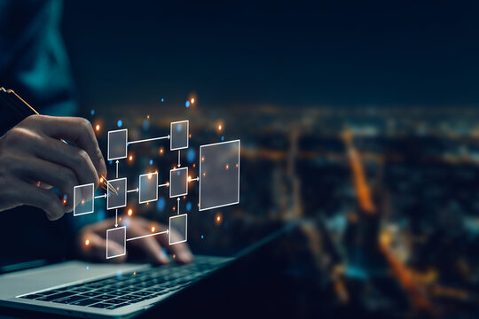businessman using computer design workflow automation with flowcharts. diagram algorithm flow, model work structure digital, hierarchy scheme. business process and data management organigram
