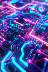 Neon lit motherboard circuitry at close-up - A close-up image highlighting the complexity of a neon-lit motherboard circuit, symbolizing high-tech advancements