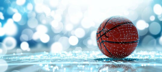 Basketball ball on bokeh shiny copy space background. Generative AI technology.