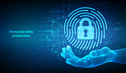 Fingerprint with padlock icon made with binary code in wireframe hand. Personal Data protection. Cyber Security. Biometrics identification. Digital background with digits 1.0. Vector Illustration.