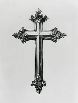 Elegant metallic Christian cross on white - A detailed monochrome image of a Christian cross showing intricate design and craftsmanship with a clean background