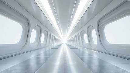 Obraz premium Futuristic spaceship corridor with lights - A straight perspective view of a futuristic spaceship corridor with illuminated path inviting a journey