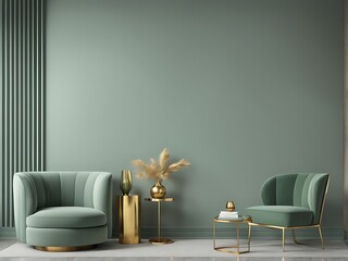  Grey green living room. Lounge area chair with an accent gold table and decor. Empty painted wall blank as background. Modern interior design room home or hotel. 3d rendering 