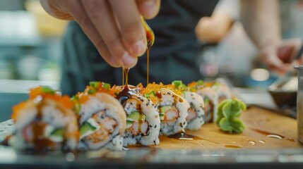 A student carefully adding a drizzle of soy sauce to their finished sushi roll. - obrazy, fototapety, plakaty