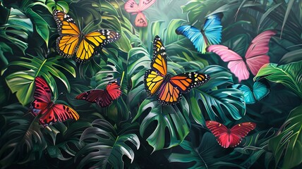 Vibrant Butterflies in Tropical Foliage - A vivid illustration of various colorful butterflies amidst lush tropical leaves, expressing liveliness