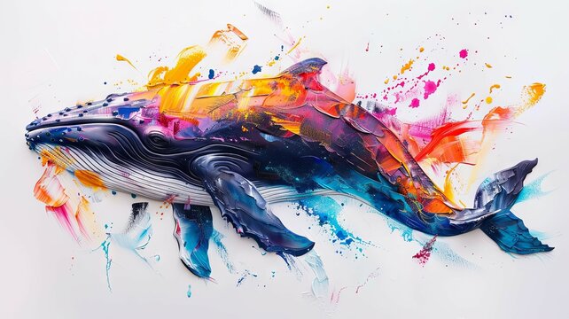 Dynamic whale image with abstract paint elements - A striking image of a whale adorned in abstract splashes of forest and sky hues, offering a sense of movement