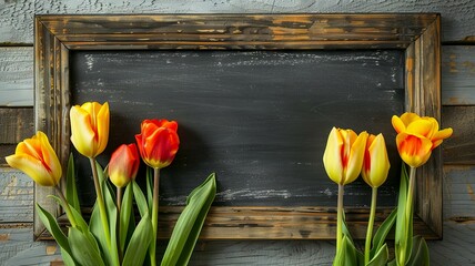 Obraz premium Tulips framing a blank chalkboard sign - Bright tulips frame a dark chalkboard sign, perfect for customized messages and occasions